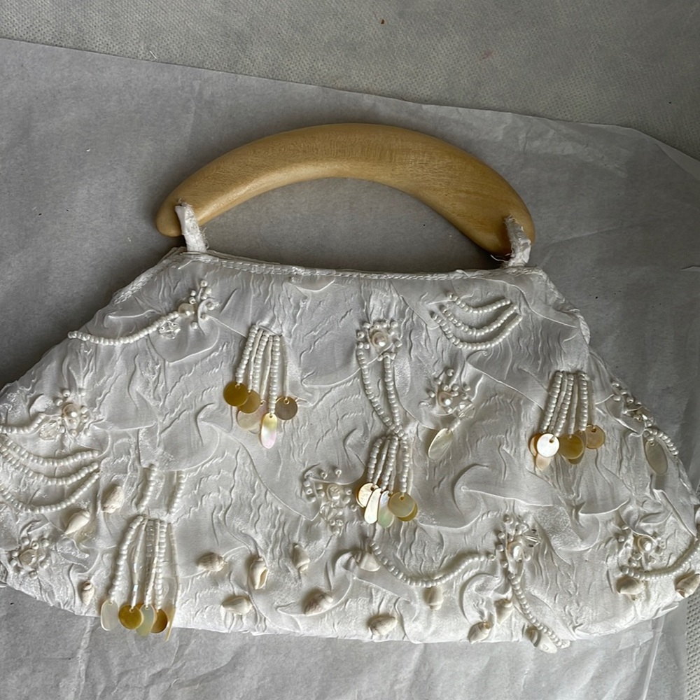 White creamy pearl shell beads wood purse bag soft fabric cruise Florida tropic